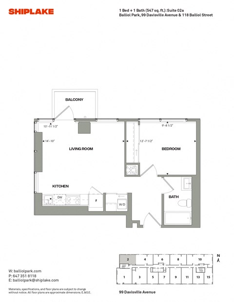 Floor plan for 1 bed, 1 bath, 547 sqft